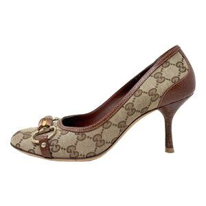 Gucci Monogram Brown Canvas Pumps Bamboo Bit Heels Size 8 Classic Designer